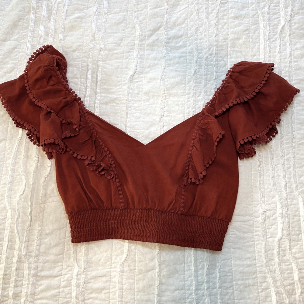 Express copper color ruffle cropped top, tie back, size: small